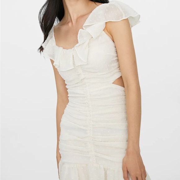 ASTR Ivory Cream Off White Swiss Dot Textured Ruched Ruffle Cut Out Midi Dress - Picture 4 of 17